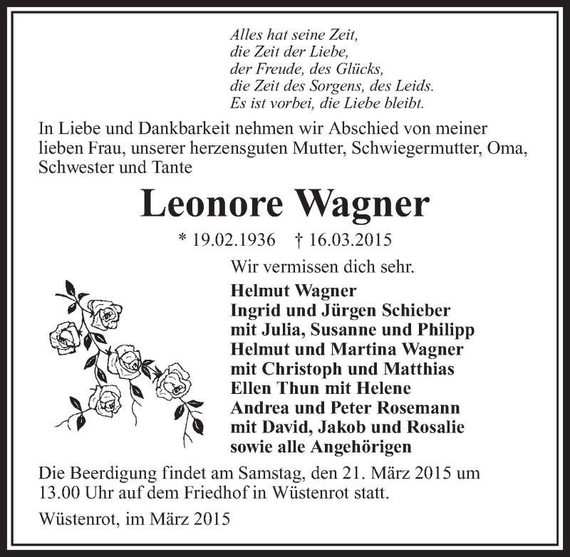  Traueranzeige für Leonore Wagner vom 19.03.2015 aus 