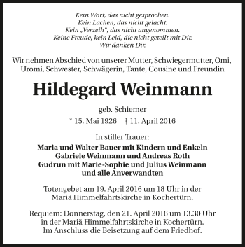 Traueranzeige von Hildegard Weinmann 
