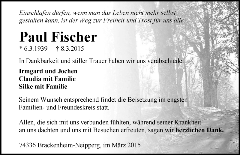  Traueranzeige für Paul Fischer vom 16.03.2015 aus 