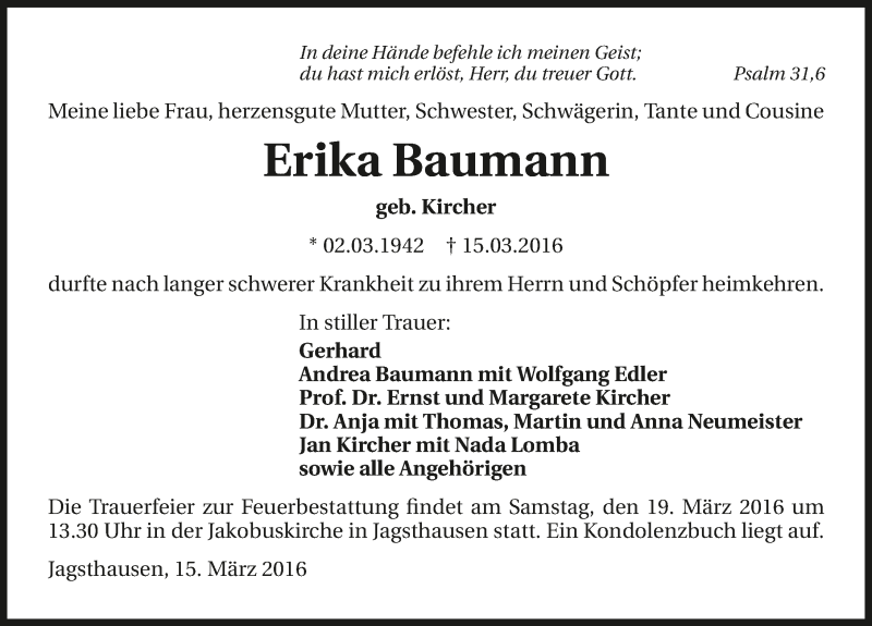  Traueranzeige für Erika Baumann vom 17.03.2016 aus 