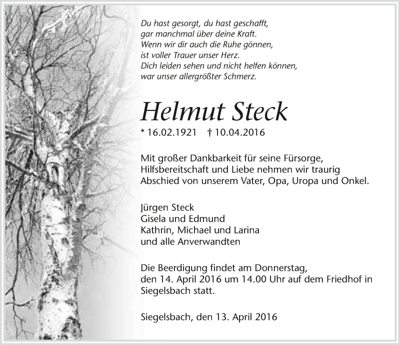  Traueranzeige für Helmut Steck vom 13.04.2016 aus 