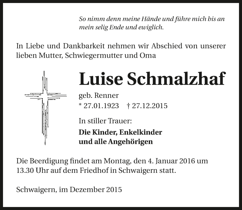  Traueranzeige für Luise Schmalzhaf vom 29.12.2015 aus 
