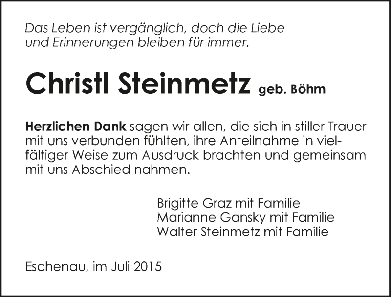  Traueranzeige für Christl Steinmetz vom 25.07.2015 aus 