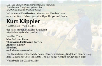 Traueranzeige von Kurt Käppler 