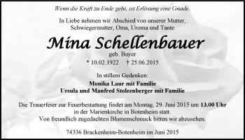 Traueranzeige von Mina Schellenbauer 