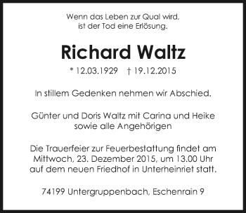 Traueranzeige von Richard Waltz 