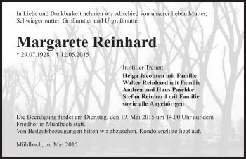 Traueranzeige von Margarete Reinhard 