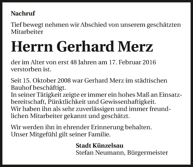  Traueranzeige für Gerhard Merz vom 20.02.2016 aus 