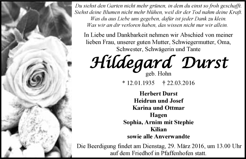  Traueranzeige für Hildegard Durst vom 26.03.2016 aus 