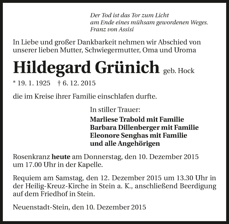 Traueranzeige für Hildegard Grünich vom 10.12.2015 aus 