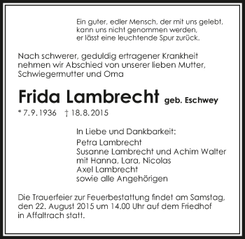 Traueranzeige von Frida Lambrecht 
