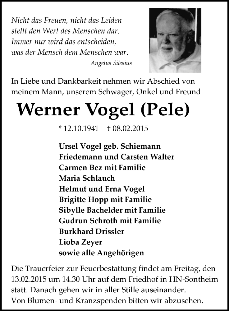  Traueranzeige für Werner Vogel vom 10.02.2015 aus 