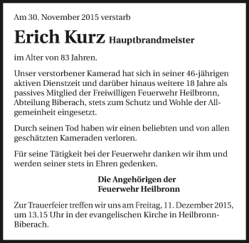 Traueranzeige von Erich Kurz 