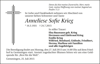 Traueranzeige von Anneliese Sofie Krieg 