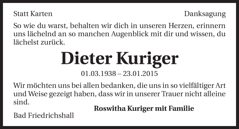  Traueranzeige für Dieter Kuriger vom 12.02.2015 aus 