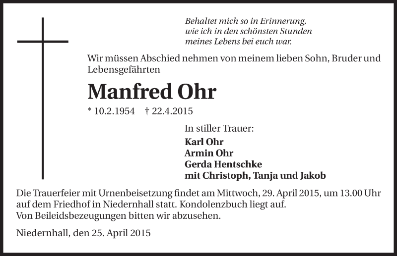  Traueranzeige für Manfred Ohr vom 25.04.2015 aus 
