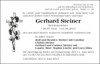 Traueranzeige von Gerhard Steiner 