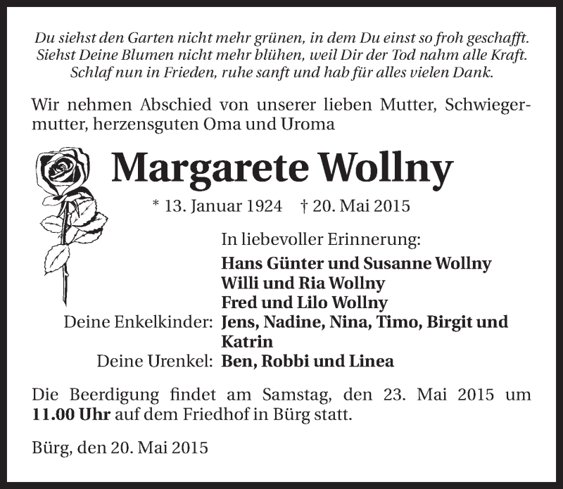 Traueranzeige für Margarete Wollny vom 22.05.2015 aus 