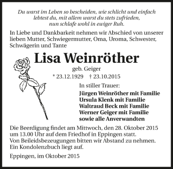 Traueranzeige von Lisa Weinröther 