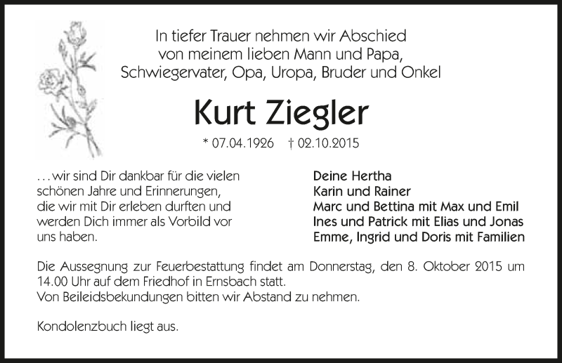  Traueranzeige für Kurt Ziegler vom 05.10.2015 aus 
