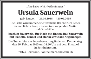 Traueranzeige von Ursula Sauerwein 