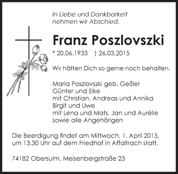 Traueranzeige von Franz Poszlovszki 