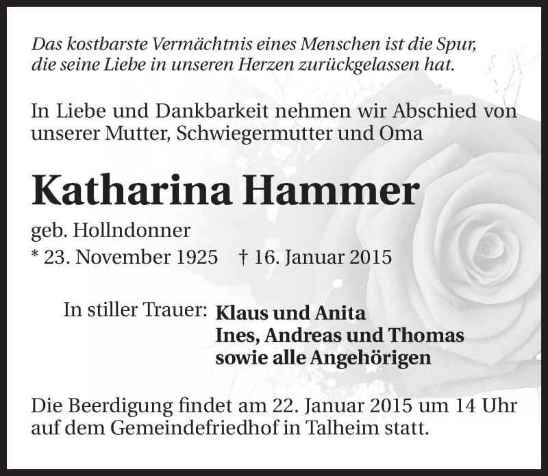  Traueranzeige für Katharina Hammer vom 20.01.2015 aus 