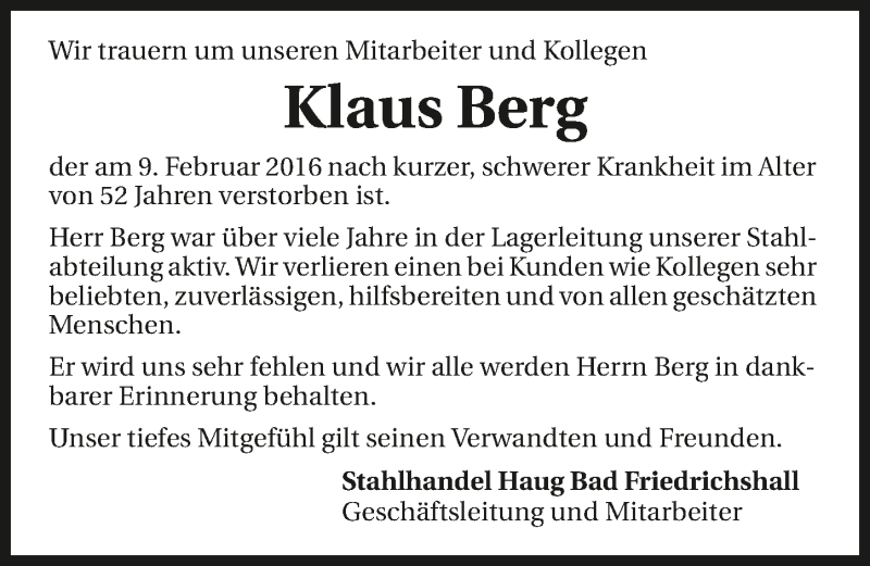  Traueranzeige für Klaus Berg vom 17.02.2016 aus 
