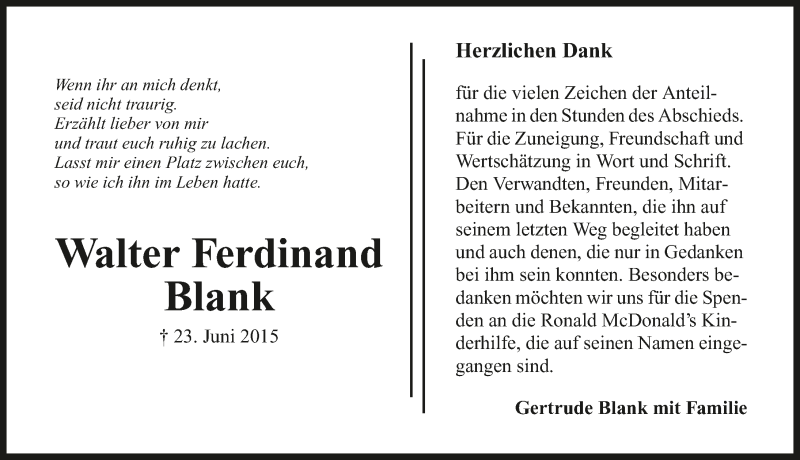  Traueranzeige für Walter Ferdinand Blank vom 01.08.2015 aus 