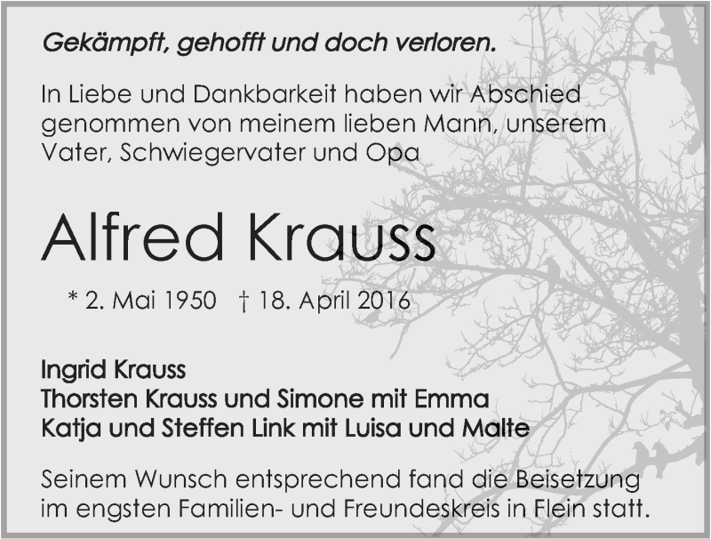  Traueranzeige für Alfred Krauss vom 28.04.2016 aus 