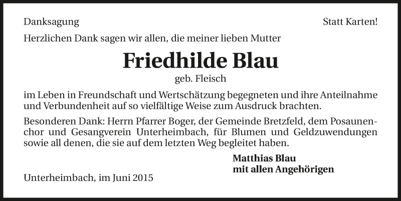  Traueranzeige für Friedhilde Blau vom 01.07.2015 aus 