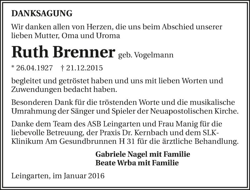  Traueranzeige für Ruth Brenner vom 16.01.2016 aus 