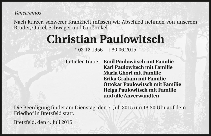  Traueranzeige für Christian Paulowitsch vom 04.07.2015 aus 