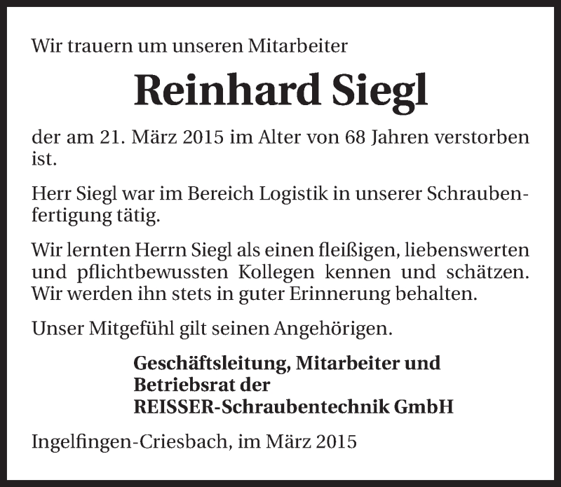  Traueranzeige für Reinhard Siegl vom 26.03.2015 aus 