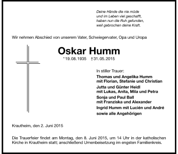 Traueranzeige von Oskar Humm 