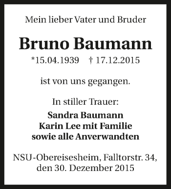 Traueranzeige von Bruno Baumann 