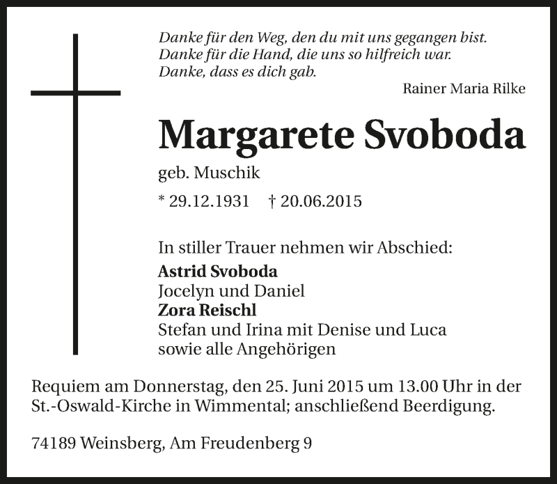  Traueranzeige für Margarete Svoboda vom 22.06.2015 aus 