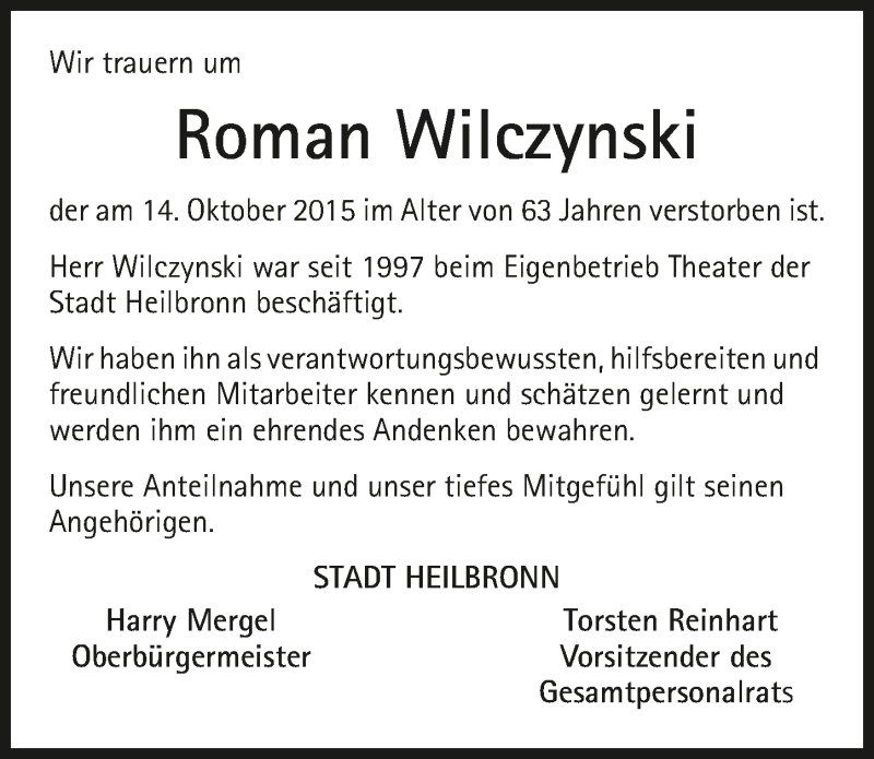 Traueranzeige für Roman Wilczynski vom 21.10.2015 aus 