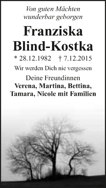 Traueranzeige von Franziska Blind-Kostka 