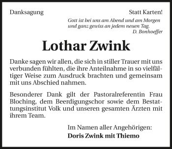 Traueranzeige von Lothar Zwink 