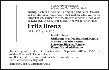 Traueranzeige von Fritz Brenz 