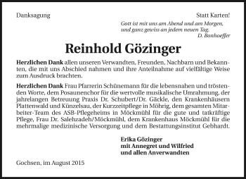 Traueranzeige von Reinhold Götzinger 