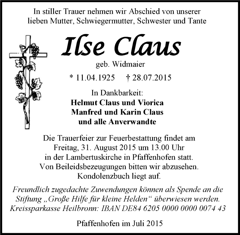  Traueranzeige für Ilse Claus vom 30.07.2015 aus 