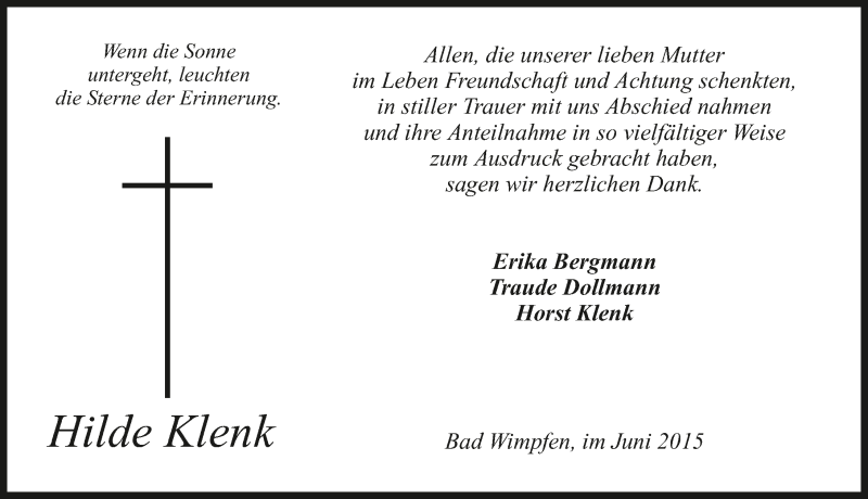  Traueranzeige für Hilde Klenk vom 20.06.2015 aus 