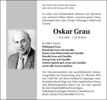 Traueranzeige von Oskar Grau 