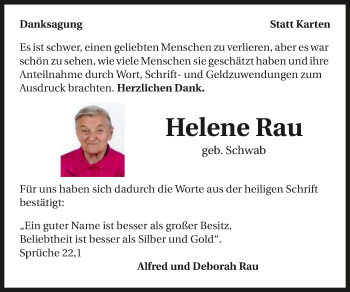 Traueranzeige von Helene Rau 