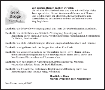 Traueranzeige von Gerd Dröge 