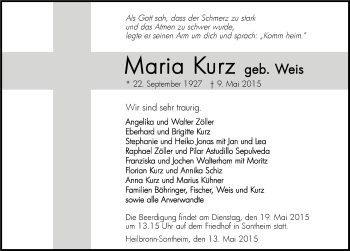 Traueranzeige von Maria Kurz 