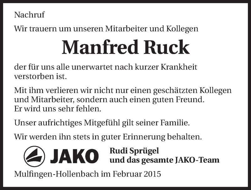  Traueranzeige für Manfred Ruck vom 04.02.2015 aus 