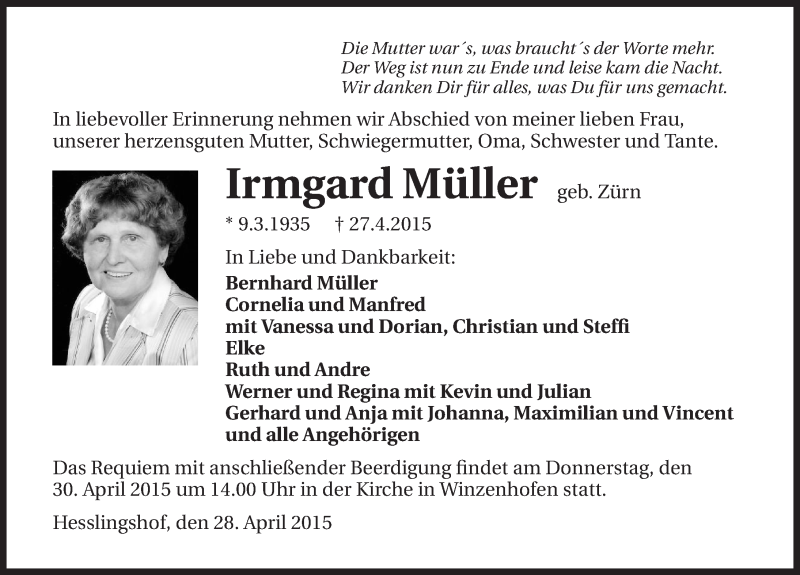  Traueranzeige für Irmgard Müller vom 28.04.2015 aus 